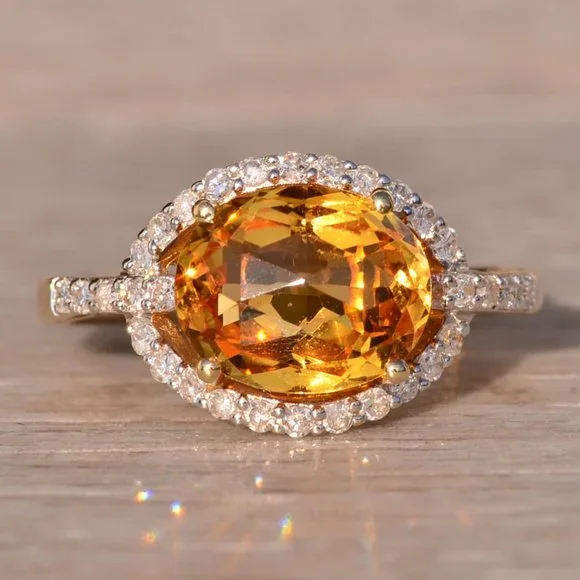 Checkerboard Cut Citrine and Diamond Ring in Yellow Gold